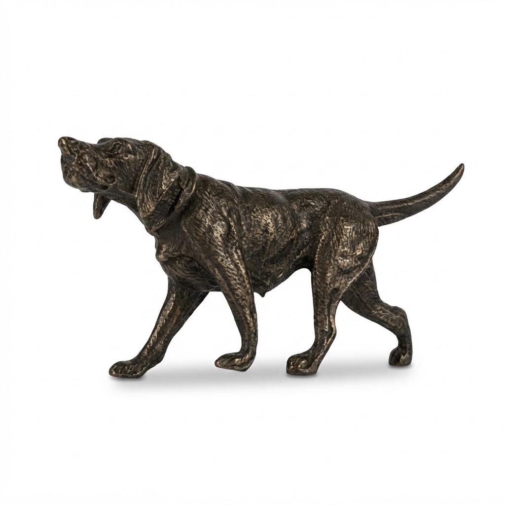 Vintage Miniature Pointer Dog Figure, Dark Patinated Metal Hunting Dog in Mid-Stride, Attributed 19th Century, 9.5 cm