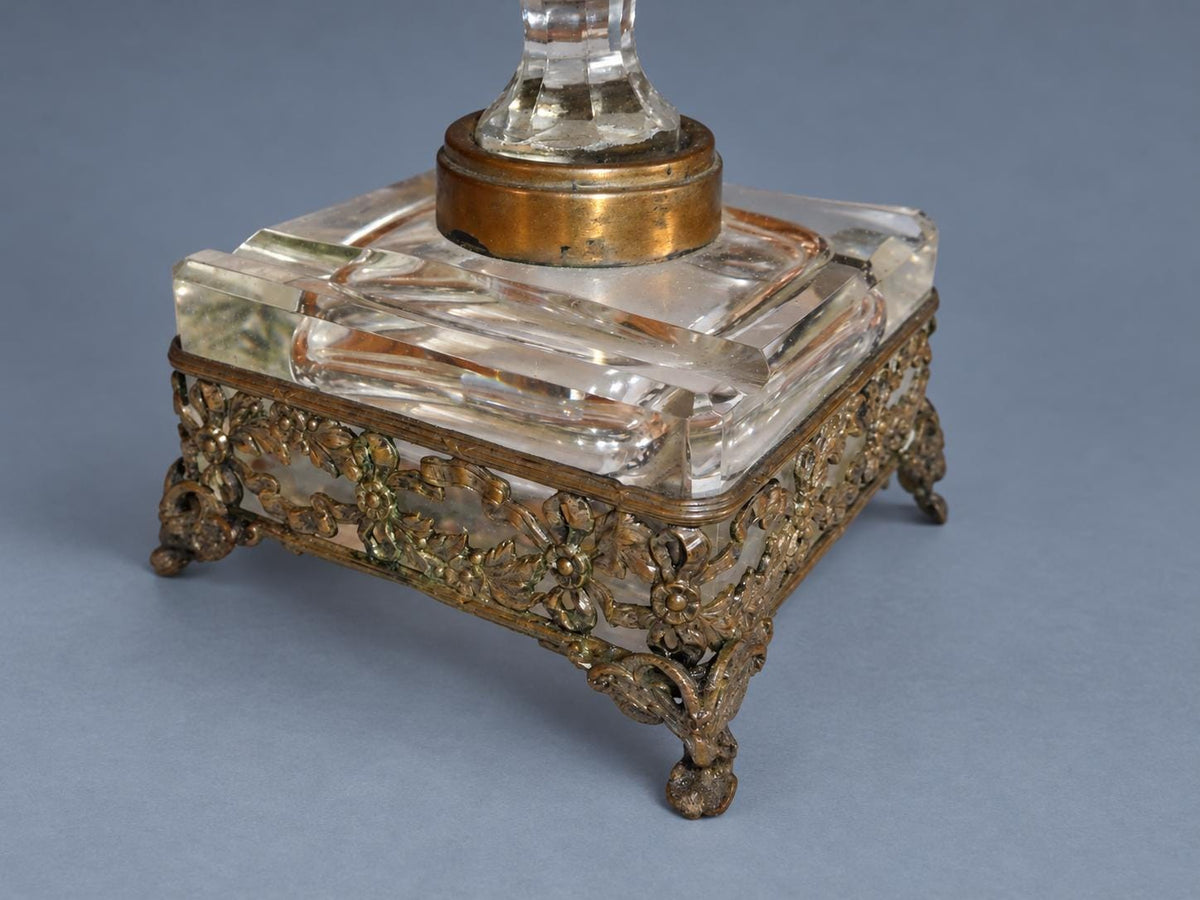Vintage Large Square Cut Glass Inkwell with Faceted Ball Stopper, Pierced Metal Floral Gallery on Scroll Feet, Attributed 19th Century,12 cm
