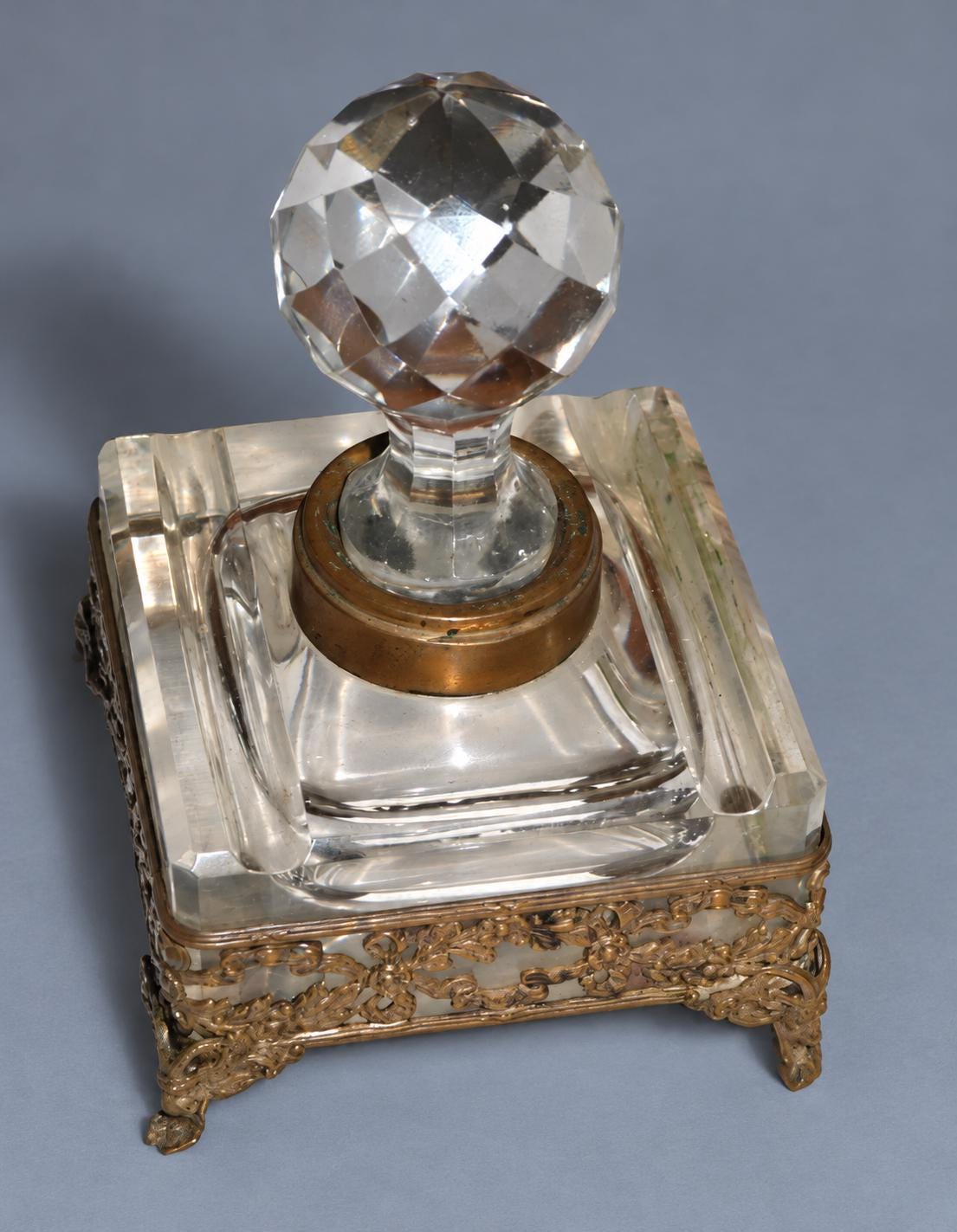 Vintage Large Square Cut Glass Inkwell with Faceted Ball Stopper, Pierced Metal Floral Gallery on Scroll Feet, Attributed 19th Century,12 cm