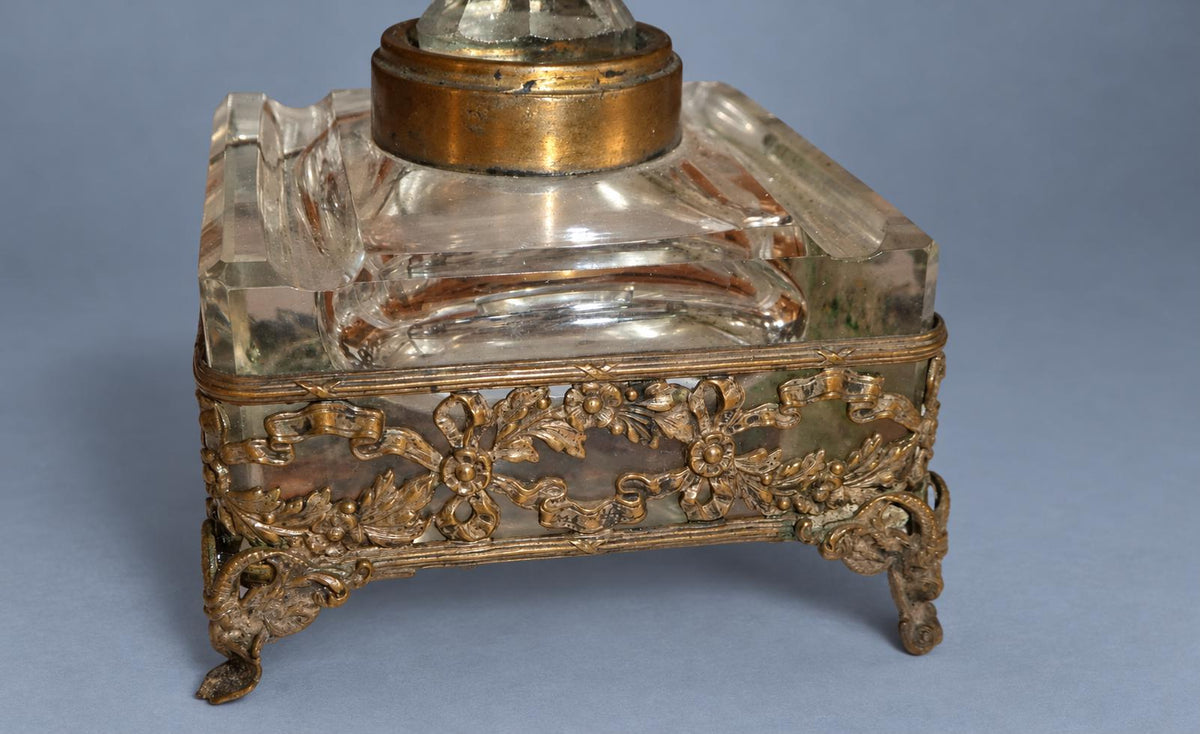 Vintage Large Square Cut Glass Inkwell with Faceted Ball Stopper, Pierced Metal Floral Gallery on Scroll Feet, Attributed 19th Century,12 cm