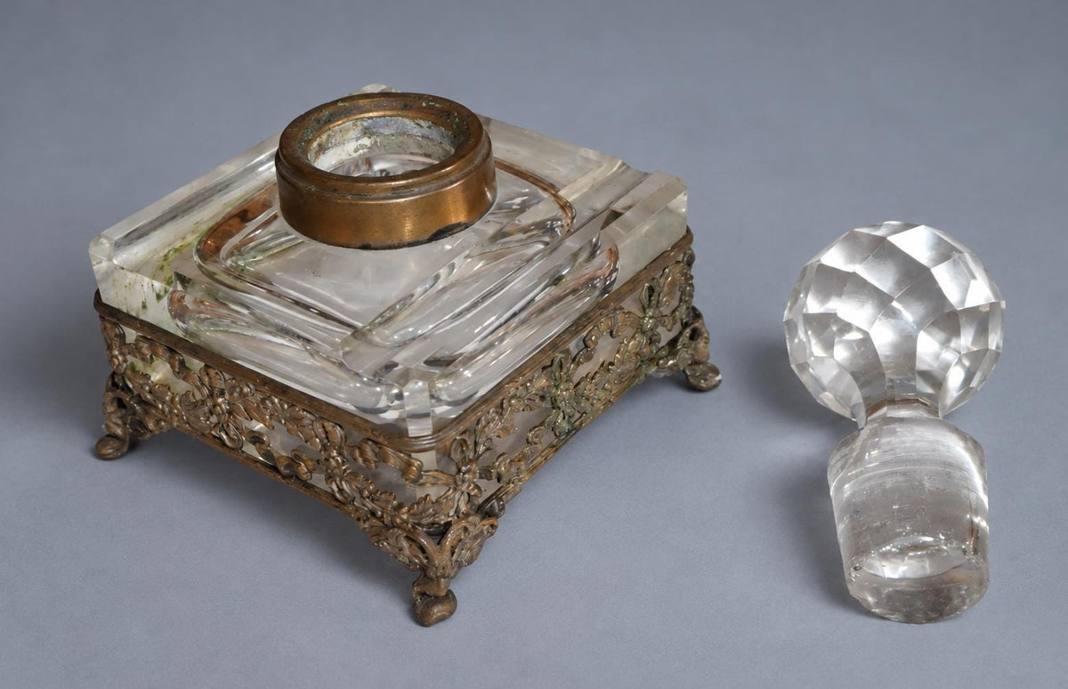 Vintage Large Square Cut Glass Inkwell with Faceted Ball Stopper, Pierced Metal Floral Gallery on Scroll Feet, Attributed 19th Century,12 cm