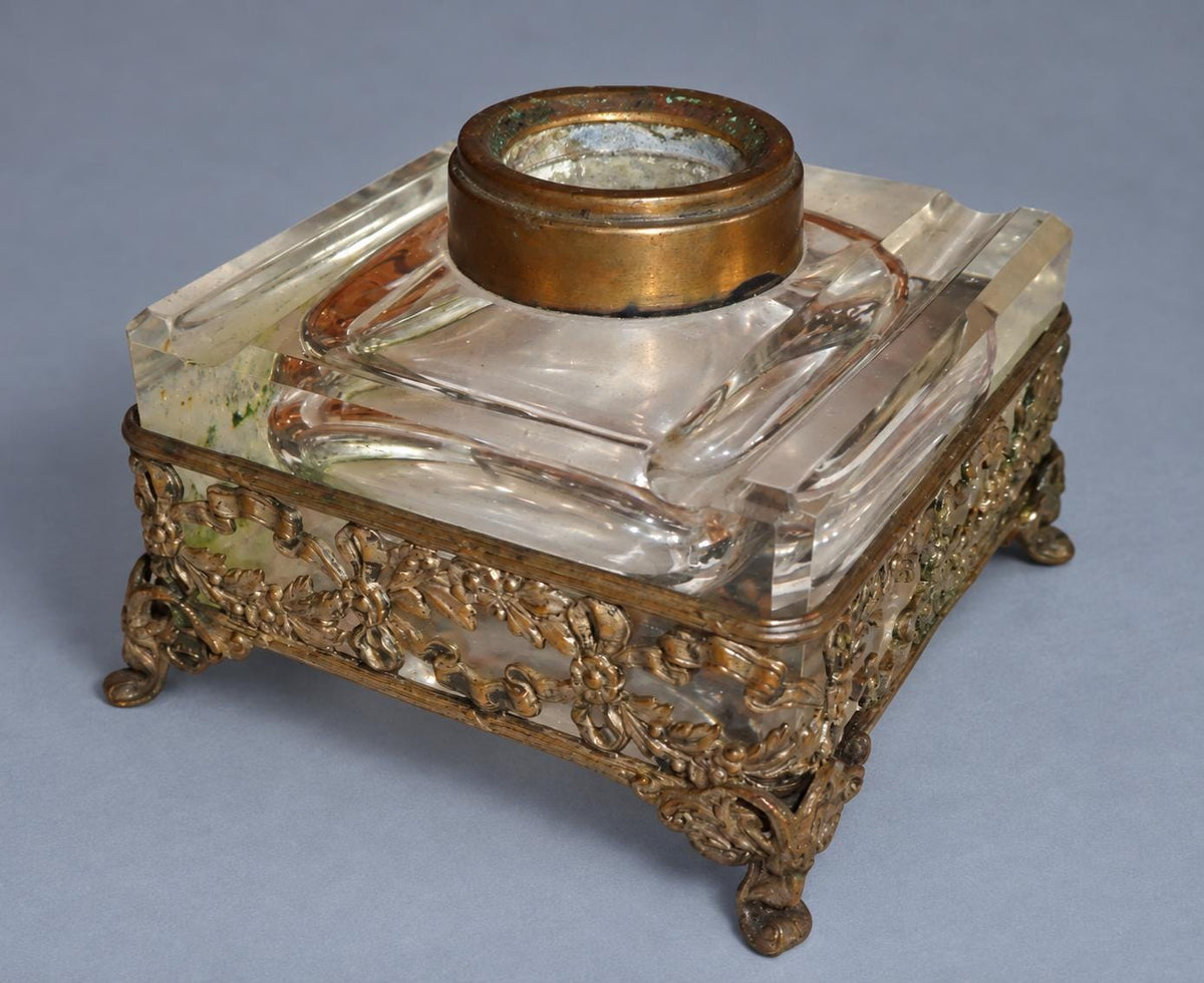 Vintage Large Square Cut Glass Inkwell with Faceted Ball Stopper, Pierced Metal Floral Gallery on Scroll Feet, Attributed 19th Century,12 cm