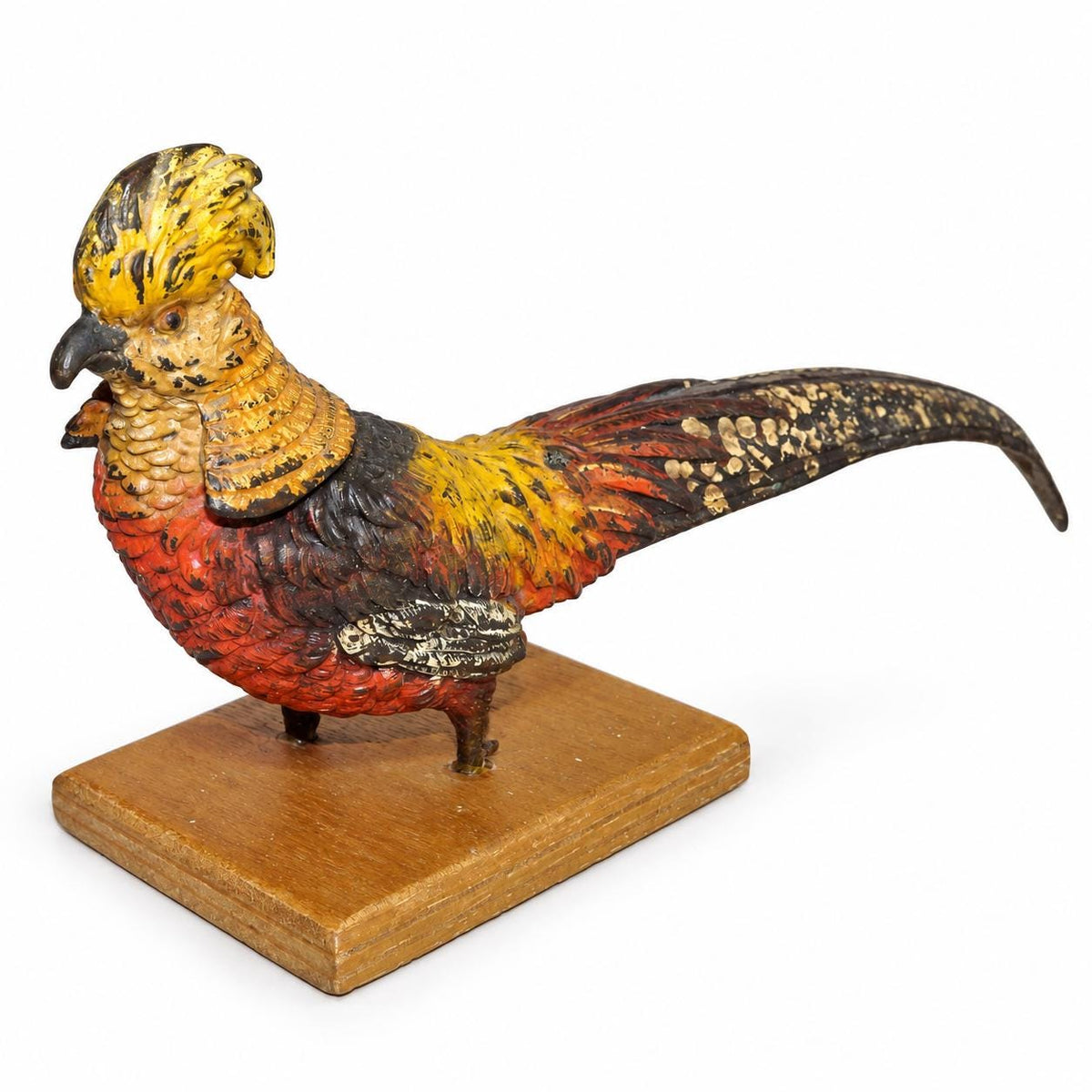 Vintage Cold-Painted Metal Golden Pheasant Figure in the Viennese Tradition, Remounted on Wooden Base, 20 cm