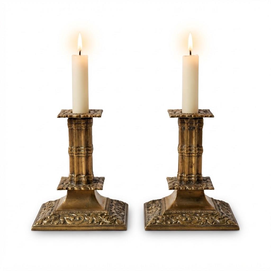 Vintage Pair of Gothic Revival Brass Candlesticks, Clustered Columns on Square Leaf-Relief Bases, Troubadour Style, Attributed 19th Century