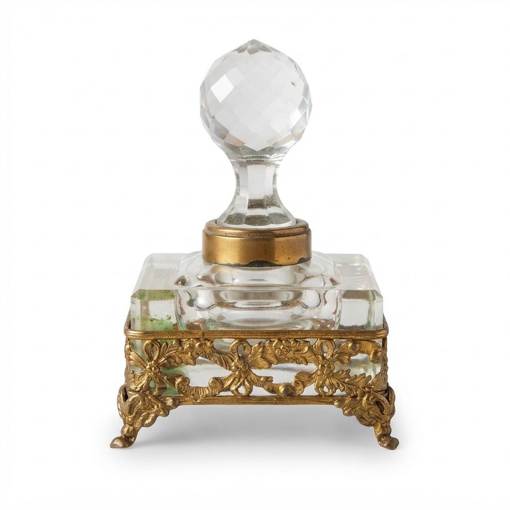 Vintage Large Square Cut Glass Inkwell with Faceted Ball Stopper, Pierced Metal Floral Gallery on Scroll Feet, Attributed 19th Century,12 cm