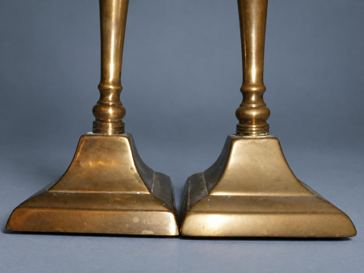 Vintage Pair of Neoclassical Style Candlesticks, Brass-Tone Metal with Tapered Baluster Stems and Stepped Square Bases, 19th Century, 24 cm
