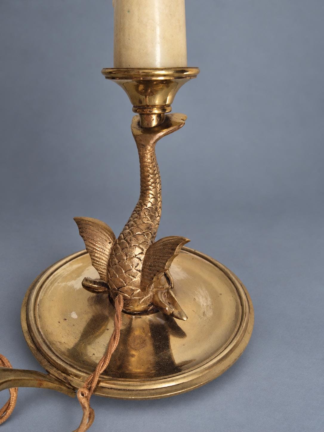 Vintage Dolphin Table Lamp, Gold-Tone Metal Stylized Dolphin on Round Chamberstick Base with Handle, Hollywood Regency Style