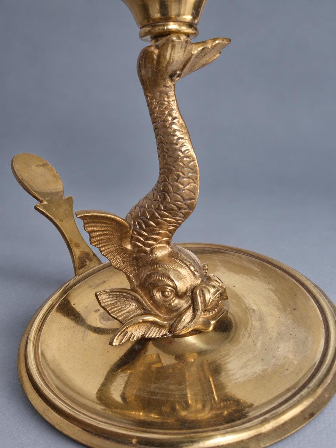Vintage Dolphin Table Lamp, Gold-Tone Metal Stylized Dolphin on Round Chamberstick Base with Handle, Hollywood Regency Style