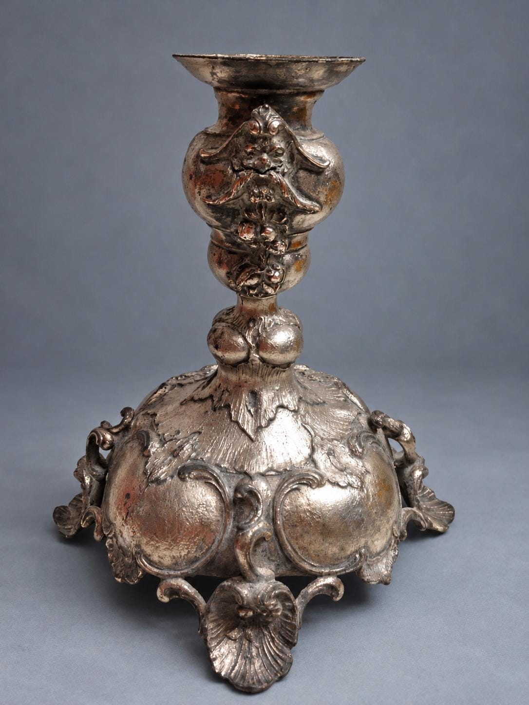 Vintage Rococo Revival Style Candlestick with Bacchic Masks and Fruit Festoons, Silver-Tone Metal on Domed Rocaille Base, 21 cm