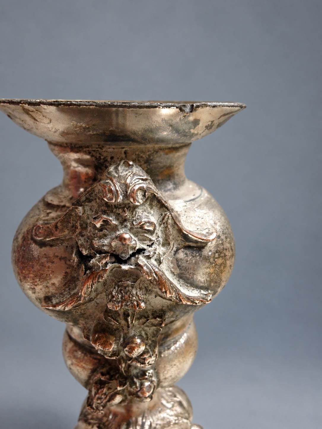 Vintage Rococo Revival Style Candlestick with Bacchic Masks and Fruit Festoons, Silver-Tone Metal on Domed Rocaille Base, 21 cm