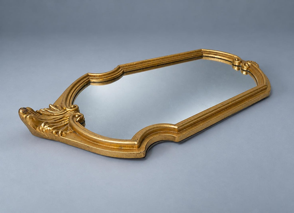 Vintage Louis XV Style Wall Mirror, Gold-Tone Resin Frame with Palmette Crest and Scrolled Shell Base, Attributed 1970s–80s, 42 cm