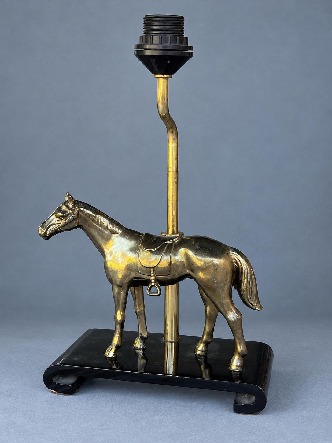 Vintage Horse Table Lamp Base, Attributed 1970s, Gold-Tone Saddled Horse on Black Lacquered Scroll-End Wooden Stand, Adjustable Height