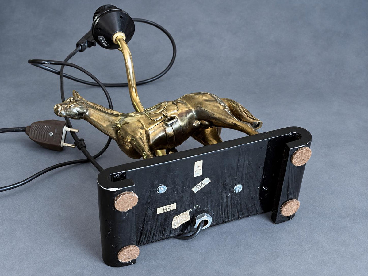 Vintage Horse Table Lamp Base, Attributed 1970s, Gold-Tone Saddled Horse on Black Lacquered Scroll-End Wooden Stand, Adjustable Height