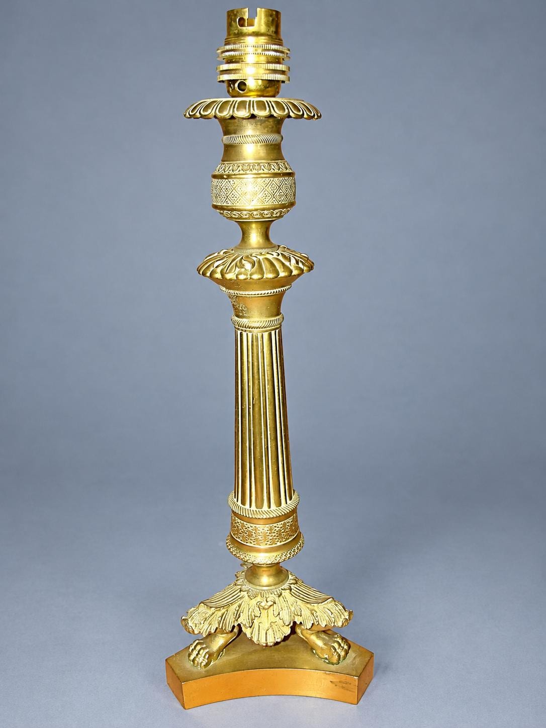 Vintage Restauration Style Candlestick Table Lamp, Gold-Tone Metal Fluted Column on Lion-Paw Tripod Base, 19th Century, Sold Without Shade