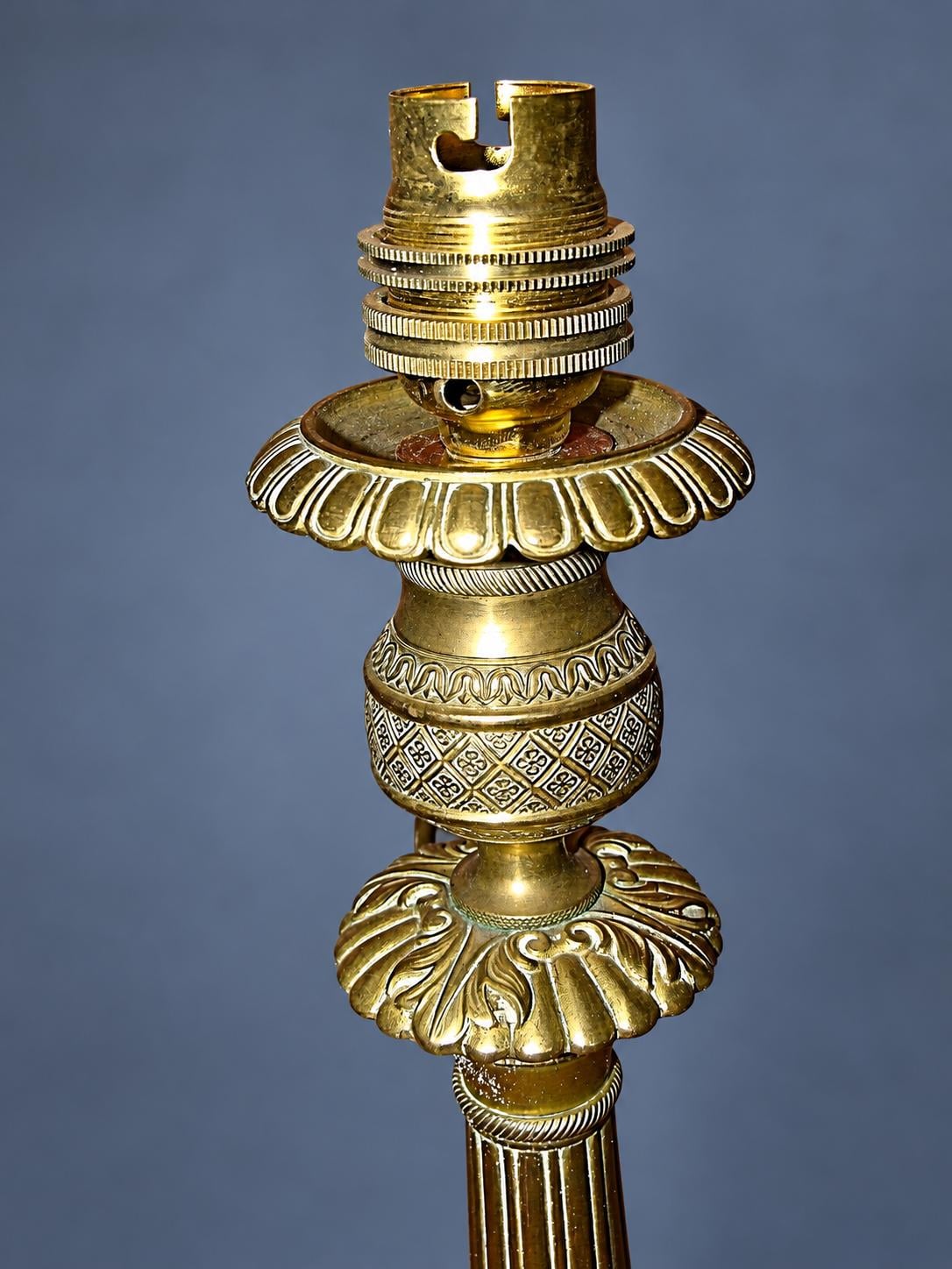Vintage Restauration Style Candlestick Table Lamp, Gold-Tone Metal Fluted Column on Lion-Paw Tripod Base, 19th Century, Sold Without Shade