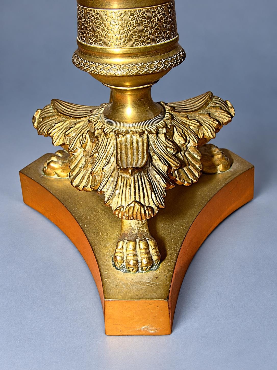 Vintage Restauration Style Candlestick Table Lamp, Gold-Tone Metal Fluted Column on Lion-Paw Tripod Base, 19th Century, Sold Without Shade