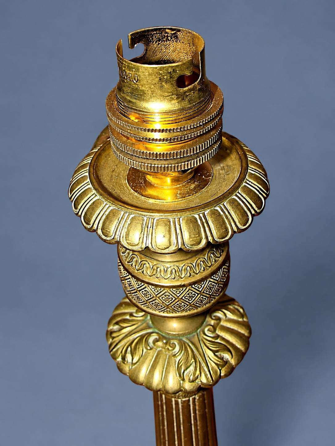 Vintage Restauration Style Candlestick Table Lamp, Gold-Tone Metal Fluted Column on Lion-Paw Tripod Base, 19th Century, Sold Without Shade