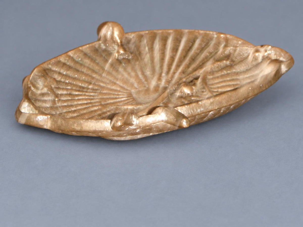 Vintage Basket-Weave Vide-Poche with Snail and Ear of Wheat, Patinated Metal Woven Dish with Twin Handles, 11 cm