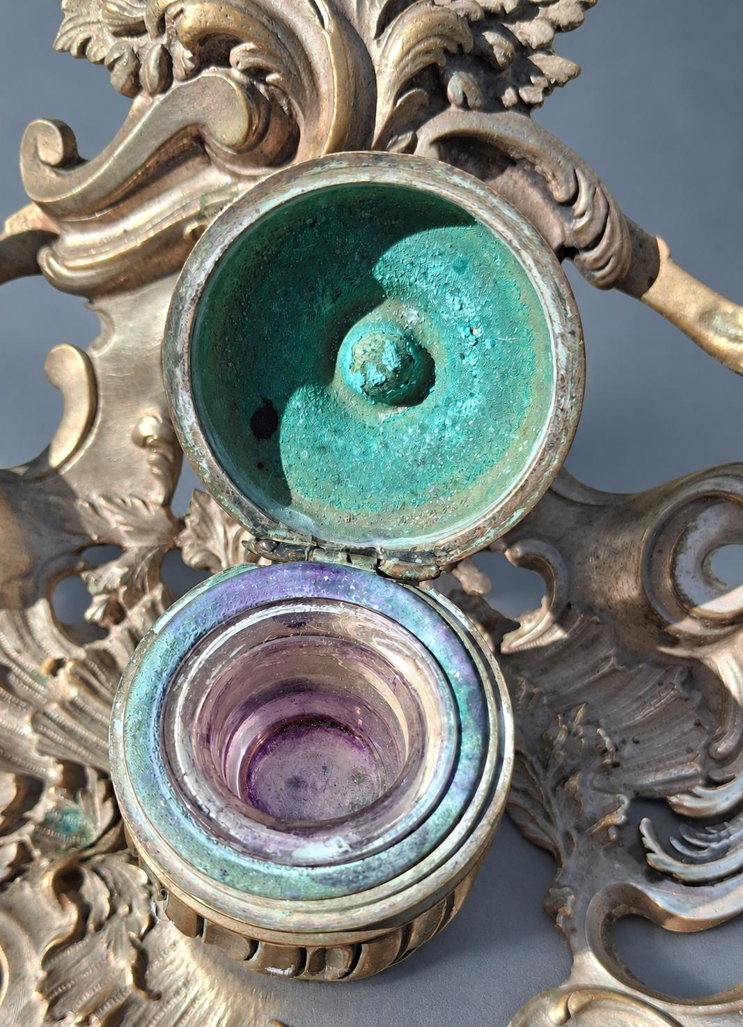 Vintage Louis XV Rocaille Style Inkstand, Silver-Tone Metal with Gadrooned Urn Inkwell and Pierced Scroll Tray, Attributed Late 19th Century