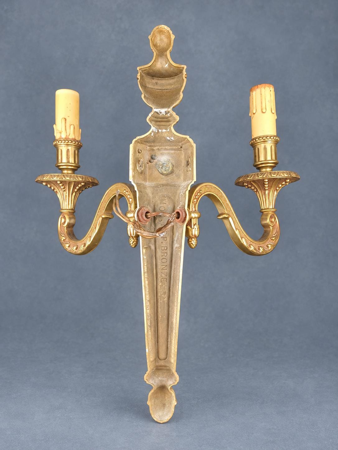 Vintage Pair of Large Louis XVI Style Gilt Metal Wall Sconces, Tapering Backplates with Urn Finials and Rosettes, Two Lights Each, 36 cm