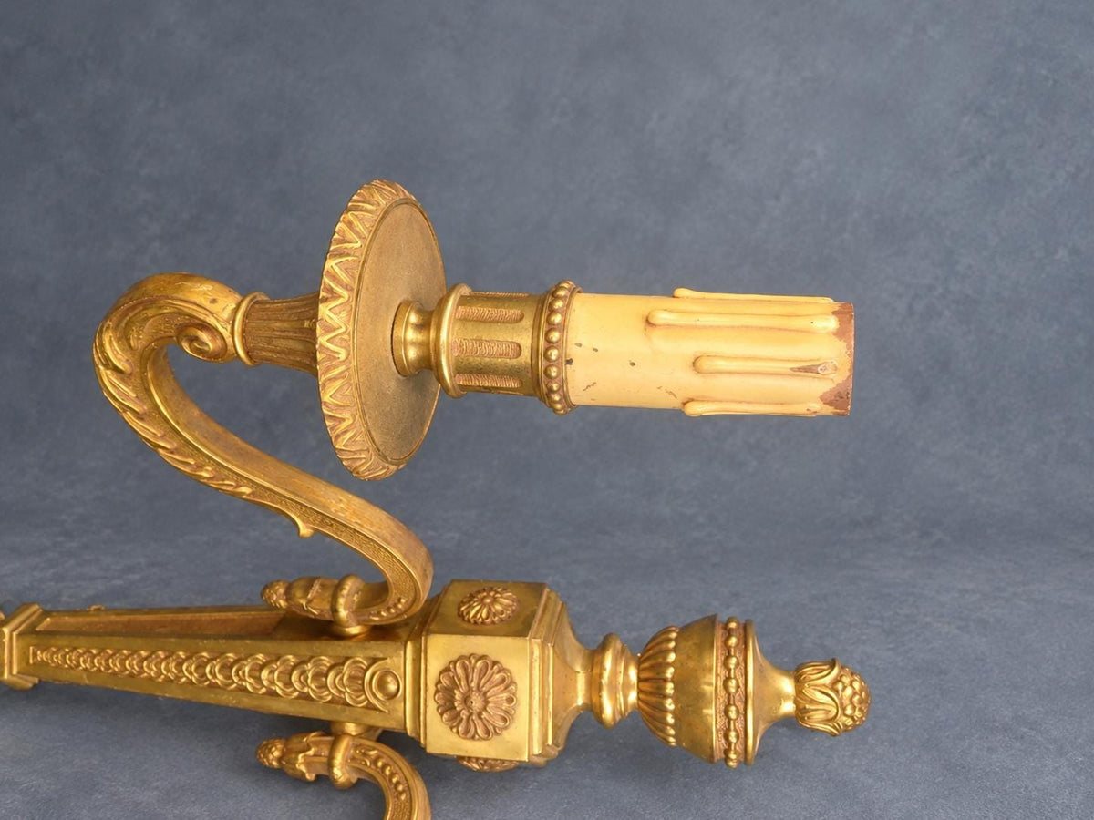 Vintage Pair of Large Louis XVI Style Gilt Metal Wall Sconces, Tapering Backplates with Urn Finials and Rosettes, Two Lights Each, 36 cm