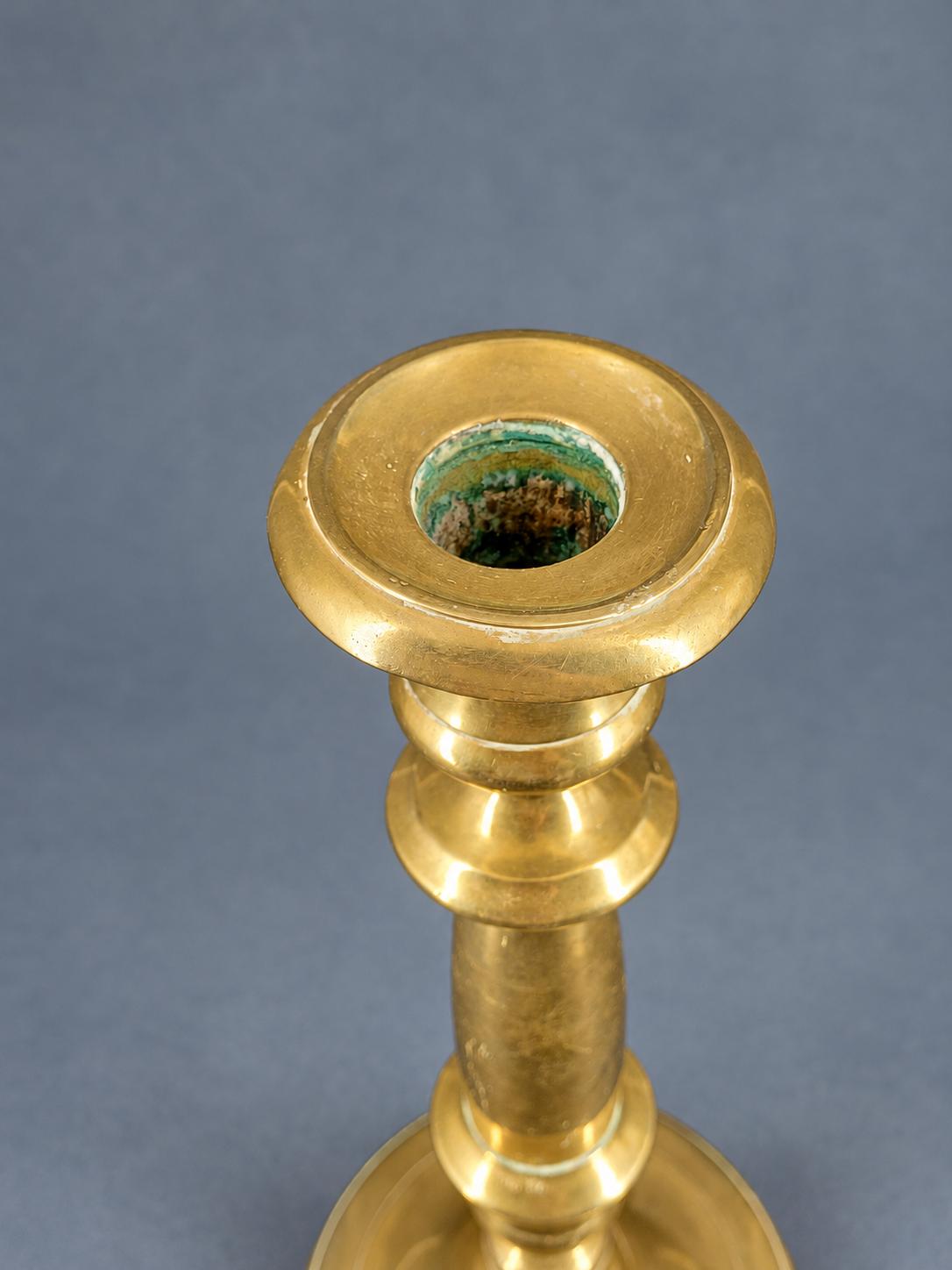 Vintage Pair of Brass Candlesticks, Restauration Style Baluster Stems on Domed Round Bases, Attributed 19th Century, 28 cm