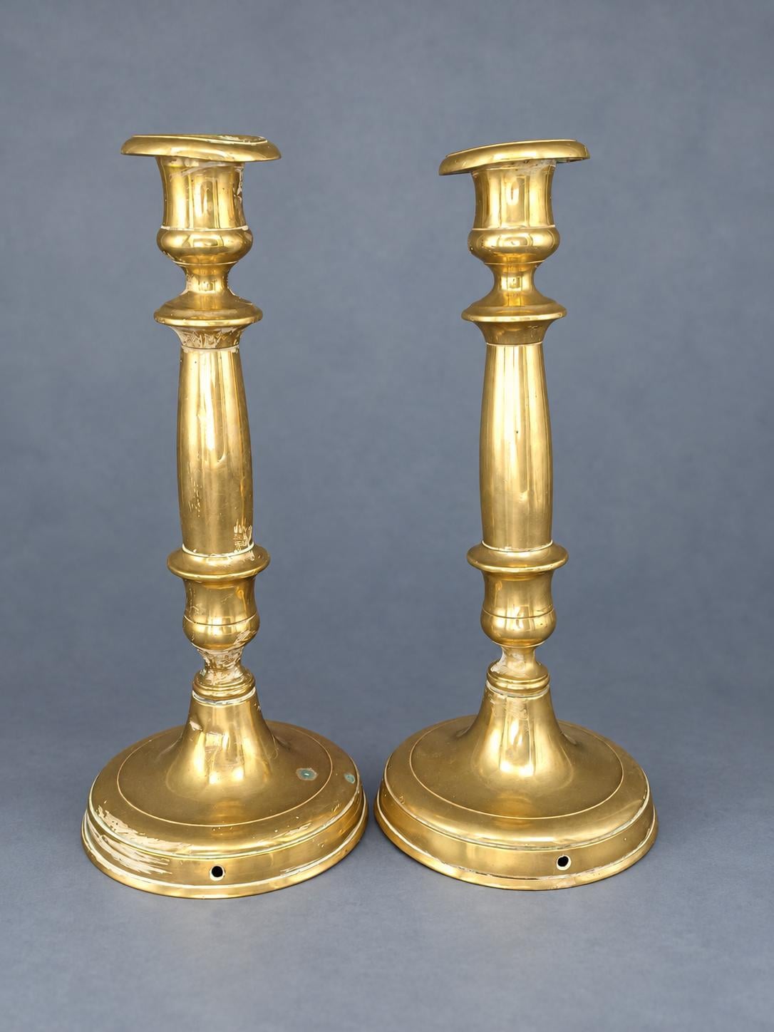 Vintage Pair of Brass Candlesticks, Restauration Style Baluster Stems on Domed Round Bases, Attributed 19th Century, 28 cm