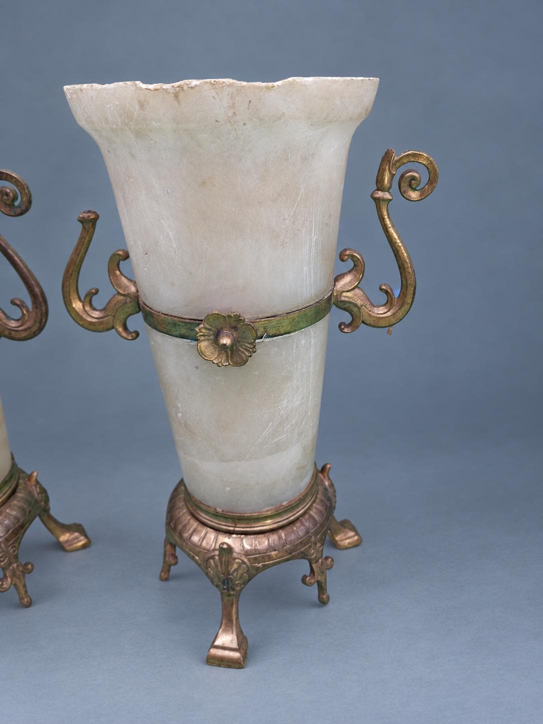 Vintage Pair of Napoléon III Style Alabaster Mantel Vases, Gilt Metal Mounts with Scrolled Handles and Palmette Tripod Feet, 19th Century