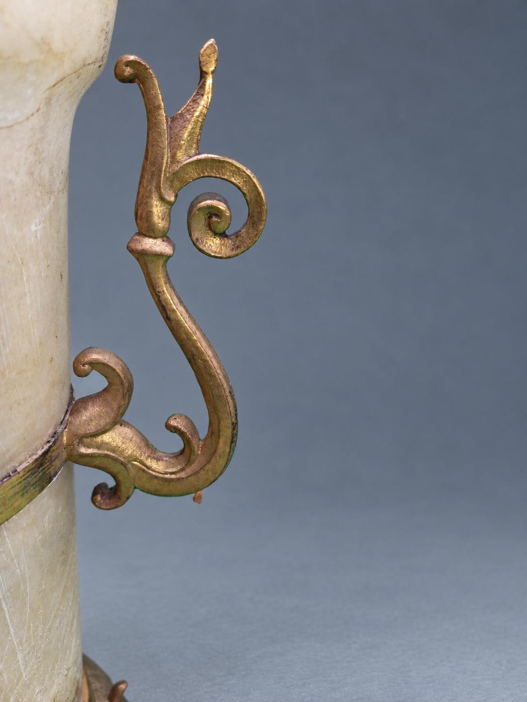 Vintage Pair of Napoléon III Style Alabaster Mantel Vases, Gilt Metal Mounts with Scrolled Handles and Palmette Tripod Feet, 19th Century