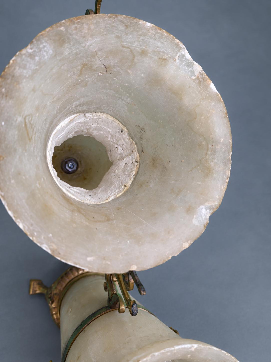 Vintage Pair of Napoléon III Style Alabaster Mantel Vases, Gilt Metal Mounts with Scrolled Handles and Palmette Tripod Feet, 19th Century