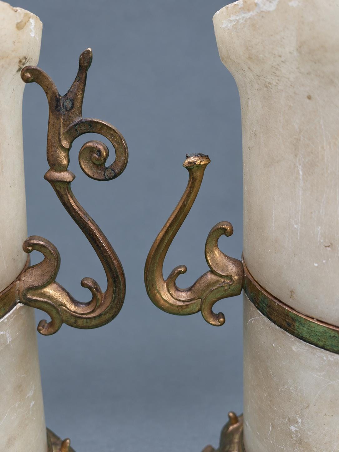 Vintage Pair of Napoléon III Style Alabaster Mantel Vases, Gilt Metal Mounts with Scrolled Handles and Palmette Tripod Feet, 19th Century