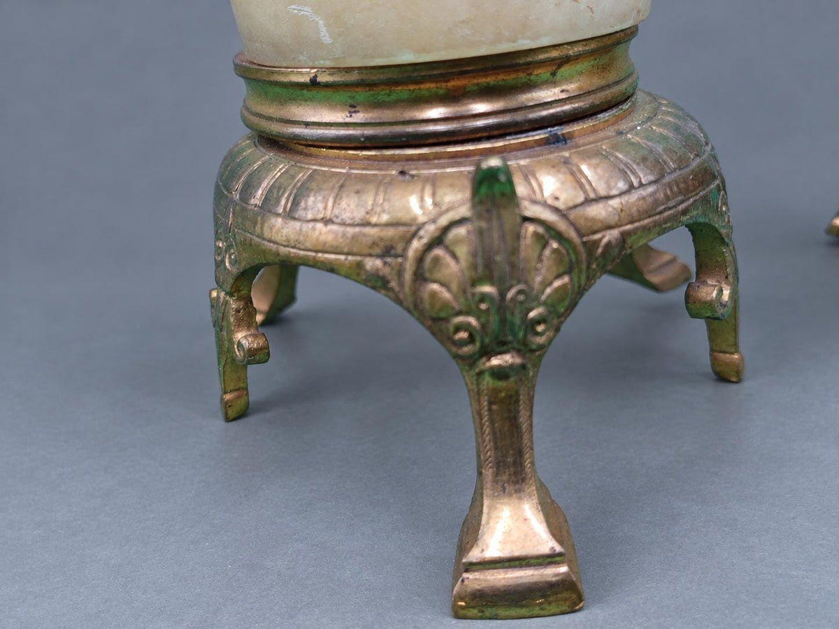 Vintage Pair of Napoléon III Style Alabaster Mantel Vases, Gilt Metal Mounts with Scrolled Handles and Palmette Tripod Feet, 19th Century