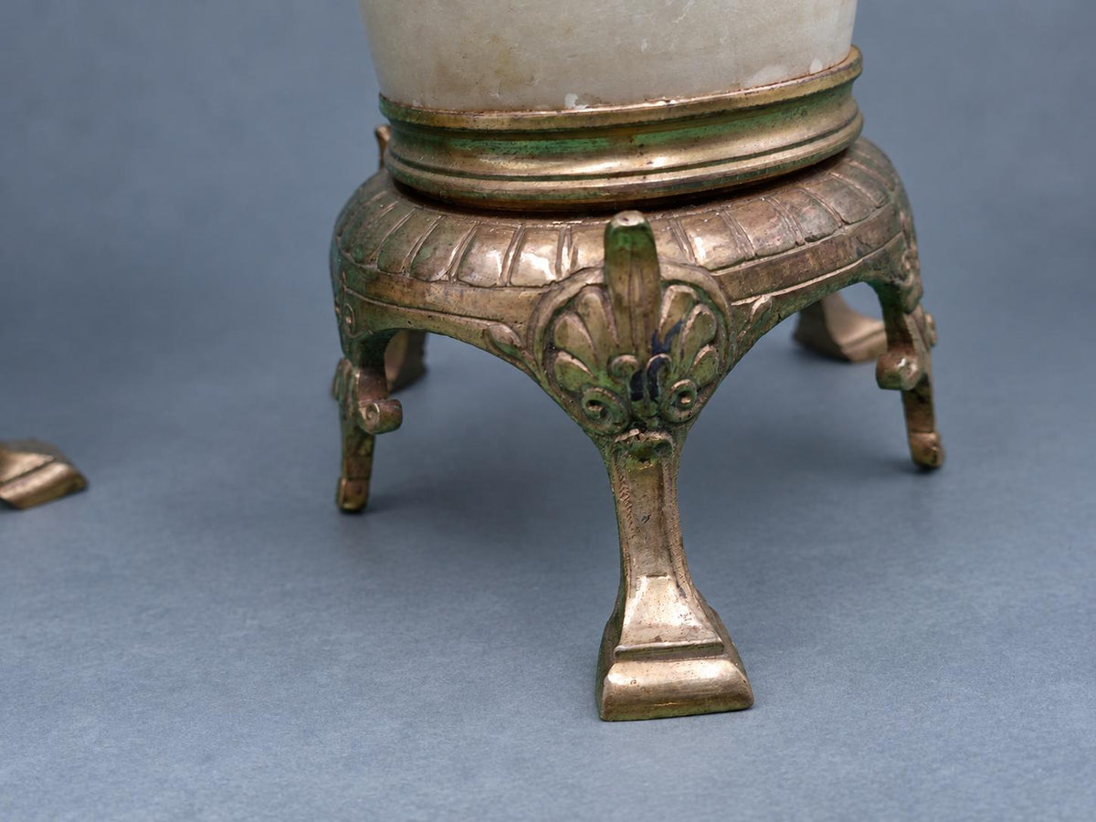 Vintage Pair of Napoléon III Style Alabaster Mantel Vases, Gilt Metal Mounts with Scrolled Handles and Palmette Tripod Feet, 19th Century