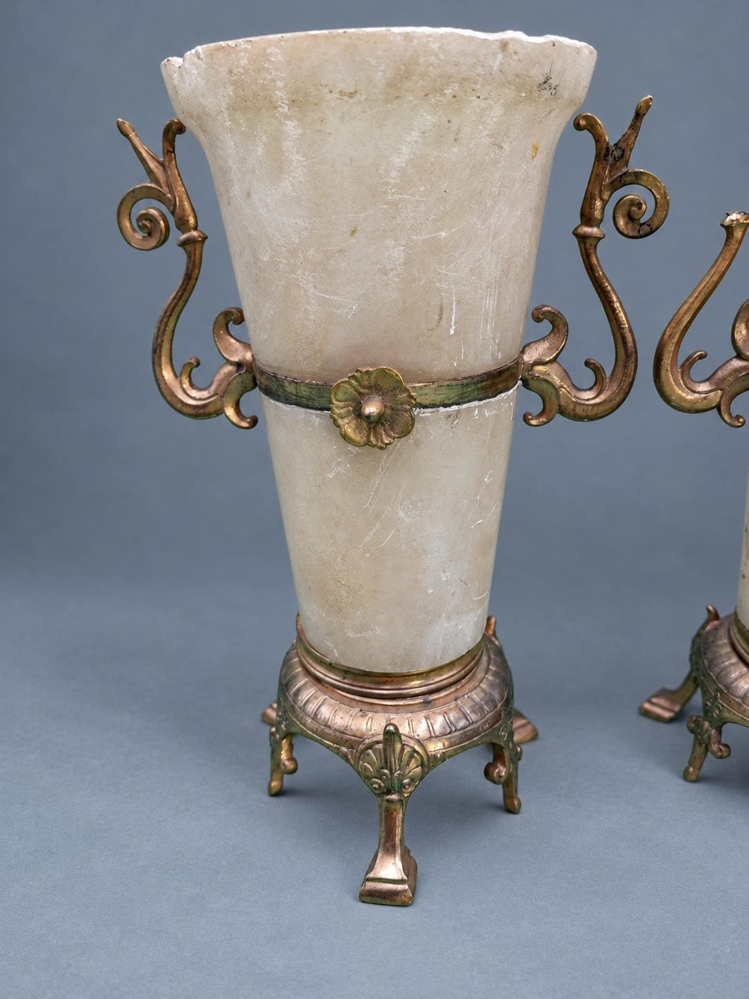 Vintage Pair of Napoléon III Style Alabaster Mantel Vases, Gilt Metal Mounts with Scrolled Handles and Palmette Tripod Feet, 19th Century