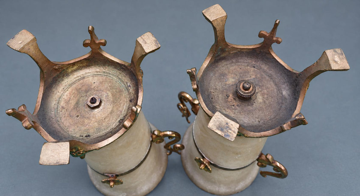 Vintage Pair of Napoléon III Style Alabaster Mantel Vases, Gilt Metal Mounts with Scrolled Handles and Palmette Tripod Feet, 19th Century