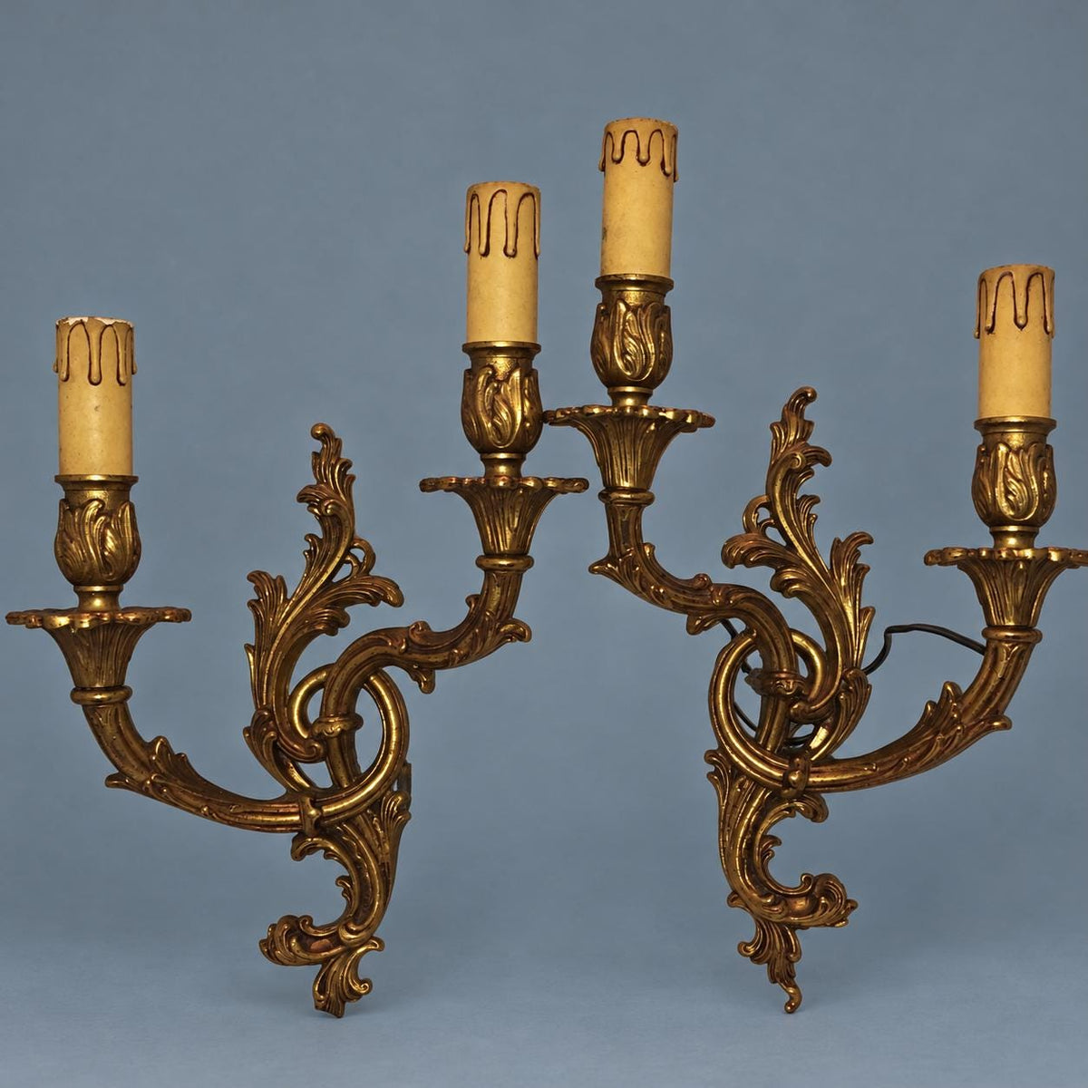 Vintage Mirror-Image Pair of Large Louis XV Style Gilt Metal Wall Sconces, Looping Acanthus Arms with Tulip Cups, Two Lights Each, 35 cm
