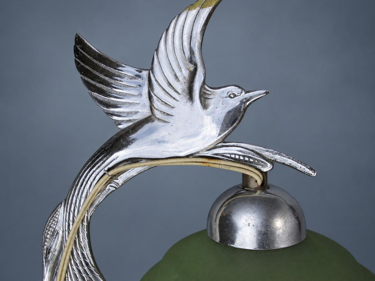 Vintage Art Deco Bird Table Lamp, Attributed c. 1935, Chrome-Finish Metal Bird on Reed Stem with Green Frosted Glass Shade,Black Marble Base