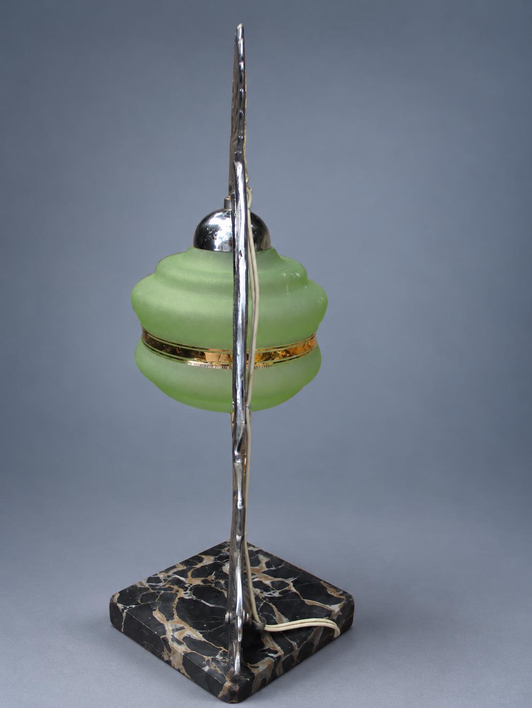 Vintage Art Deco Bird Table Lamp, Attributed c. 1935, Chrome-Finish Metal Bird on Reed Stem with Green Frosted Glass Shade,Black Marble Base