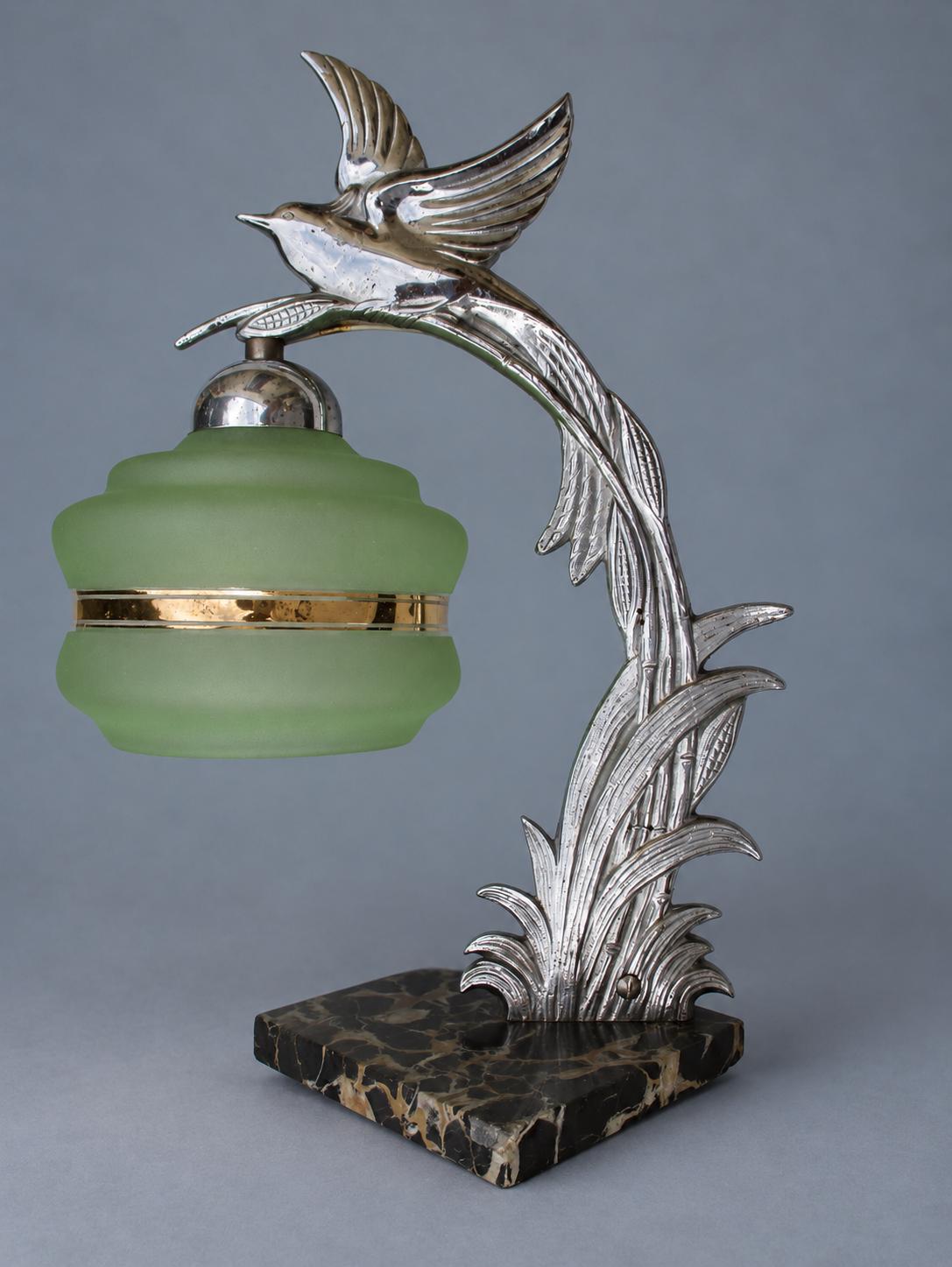 Vintage Art Deco Bird Table Lamp, Attributed c. 1935, Chrome-Finish Metal Bird on Reed Stem with Green Frosted Glass Shade,Black Marble Base