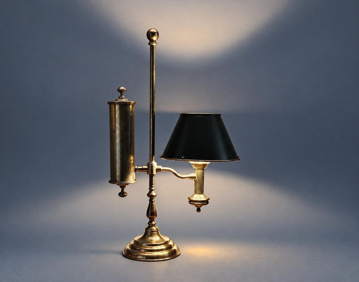 Vintage Brass Student Lamp, Victorian Style Desk Lamp with Faux Oil Reservoir and Green Painted Metal Shade, 57 cm