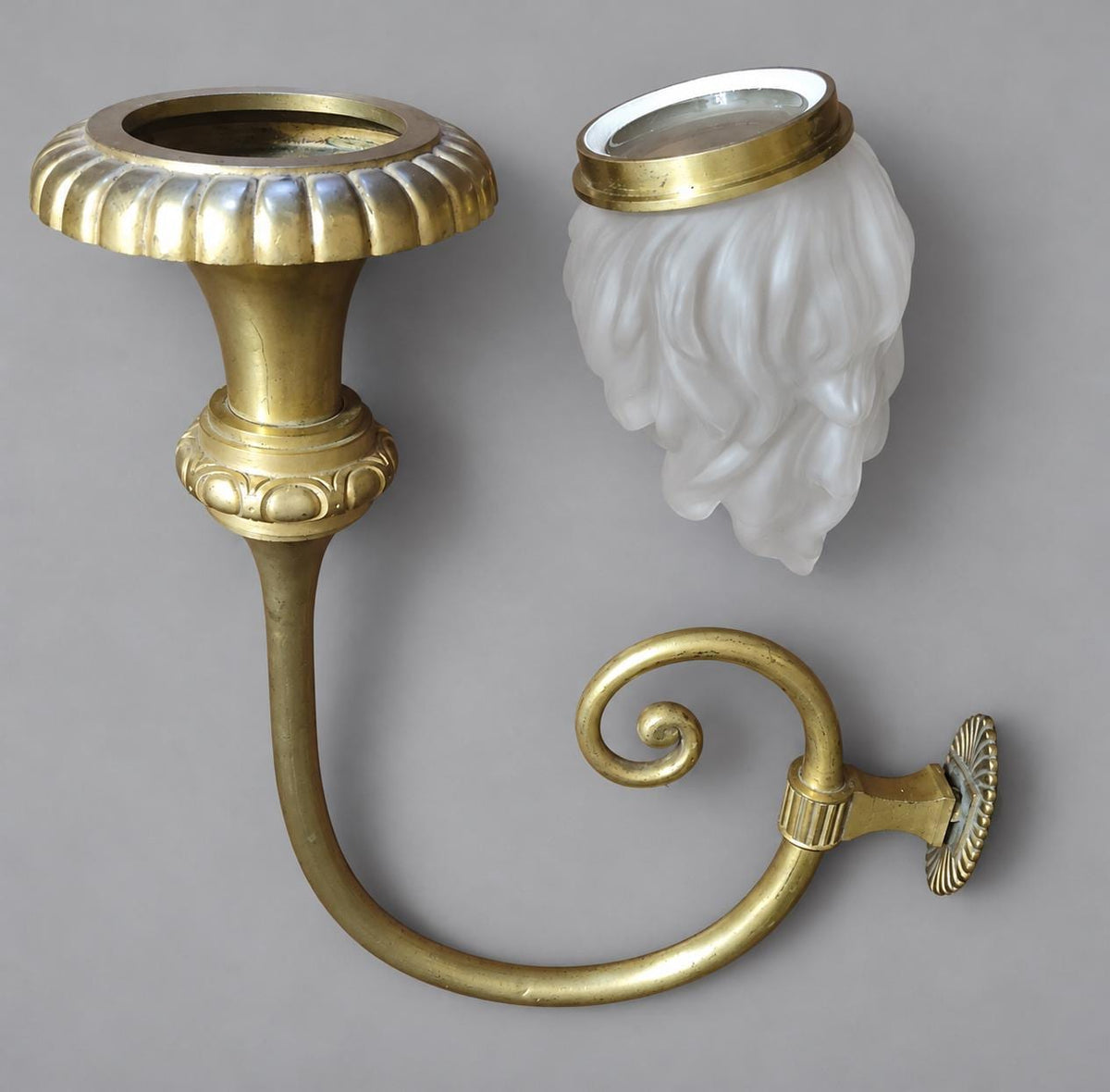 Vintage Large Empire Style Torch Wall Sconce, Gold-Tone Metal Scrolled Arm with Frosted Glass Flame Shade, Attributed 19th Century, 58 cm