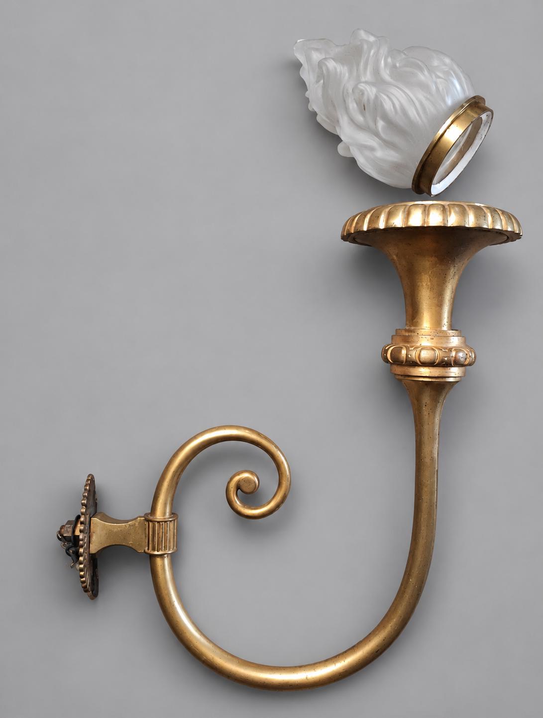 Vintage Large Empire Style Torch Wall Sconce, Gold-Tone Metal Scrolled Arm with Frosted Glass Flame Shade, Attributed 19th Century, 58 cm