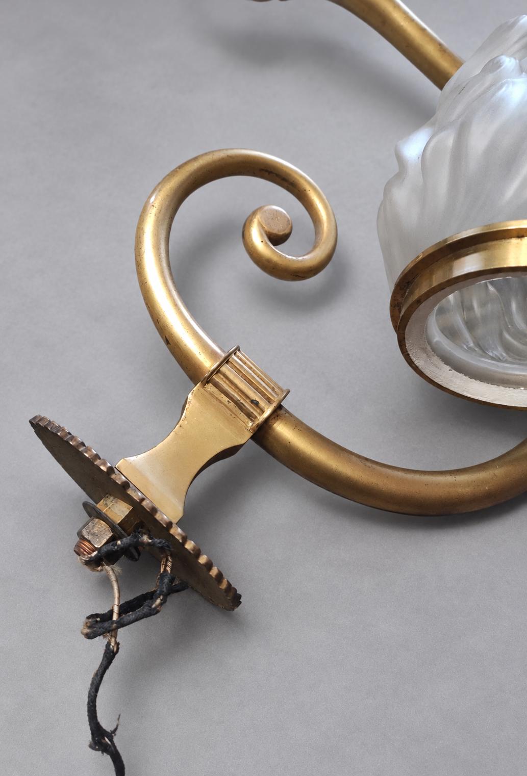 Vintage Large Empire Style Torch Wall Sconce, Gold-Tone Metal Scrolled Arm with Frosted Glass Flame Shade, Attributed 19th Century, 58 cm