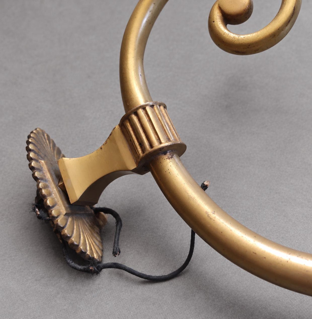 Vintage Large Empire Style Torch Wall Sconce, Gold-Tone Metal Scrolled Arm with Frosted Glass Flame Shade, Attributed 19th Century, 58 cm