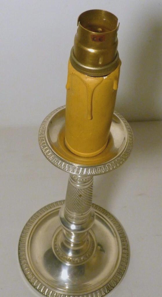 Vintage Empire Style Candlestick Table Lamp, Silver-Tone Metal with Heart-and-Dart and Beaded Bands, Attributed Late 19th Century