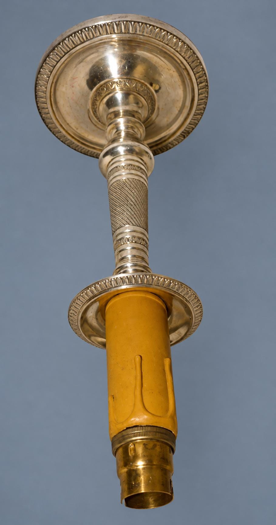 Vintage Empire Style Candlestick Table Lamp, Silver-Tone Metal with Heart-and-Dart and Beaded Bands, Attributed Late 19th Century