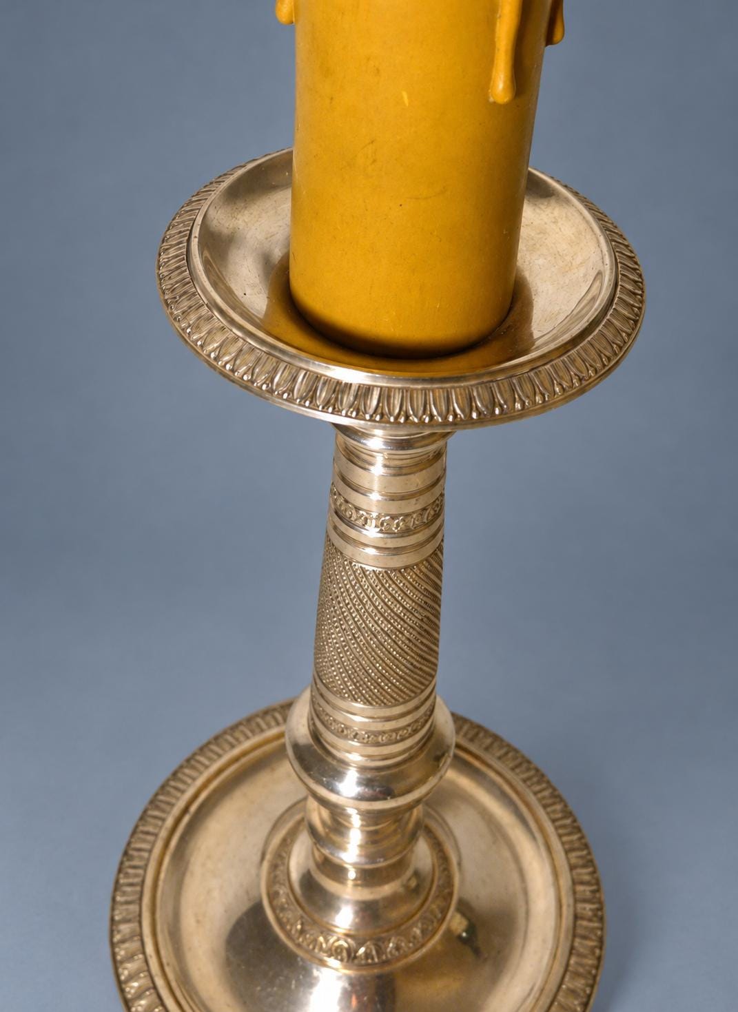 Vintage Empire Style Candlestick Table Lamp, Silver-Tone Metal with Heart-and-Dart and Beaded Bands, Attributed Late 19th Century