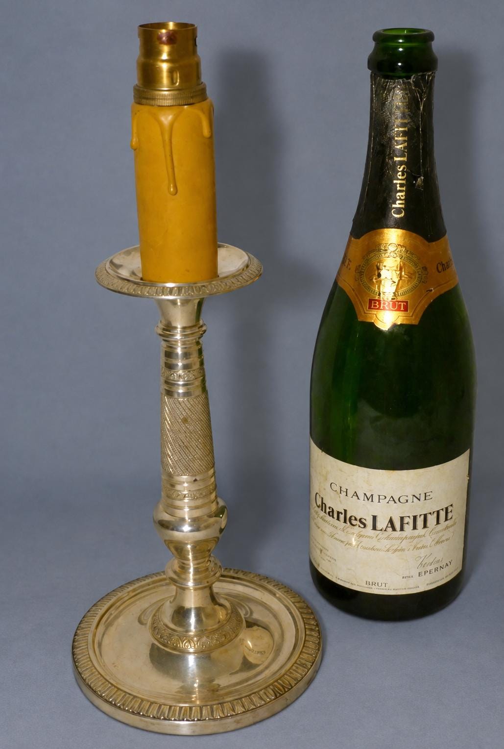 Vintage Empire Style Candlestick Table Lamp, Silver-Tone Metal with Heart-and-Dart and Beaded Bands, Attributed Late 19th Century