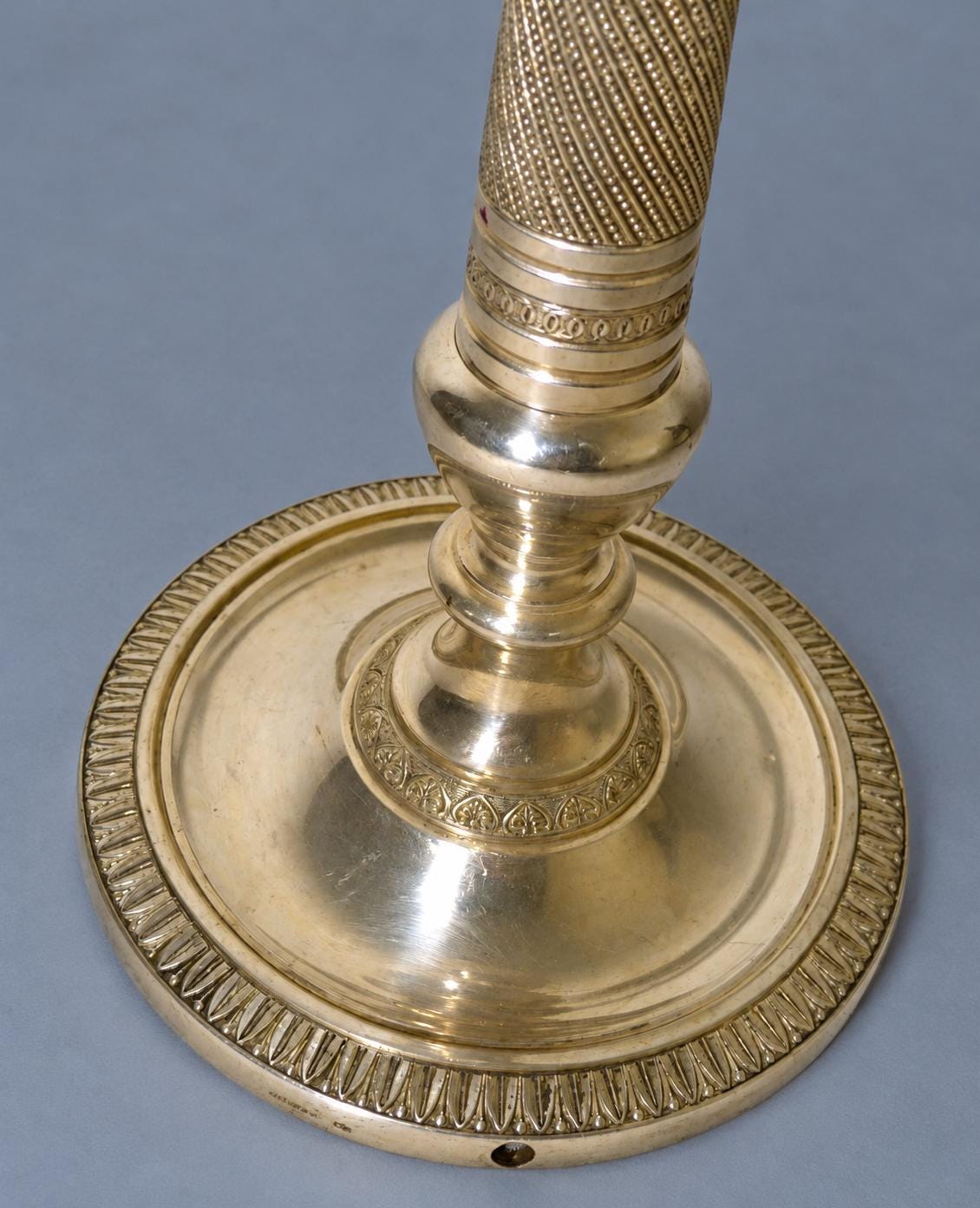 Vintage Empire Style Candlestick Table Lamp, Silver-Tone Metal with Heart-and-Dart and Beaded Bands, Attributed Late 19th Century
