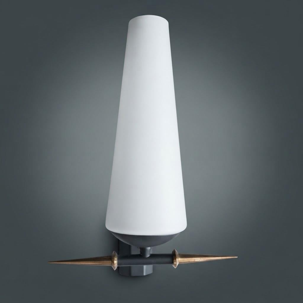 Pair of Mid-Century Style Wall Sconces, Frosted White Glass Cone Shades, Brass-Tone Arms and Black Wall Plates